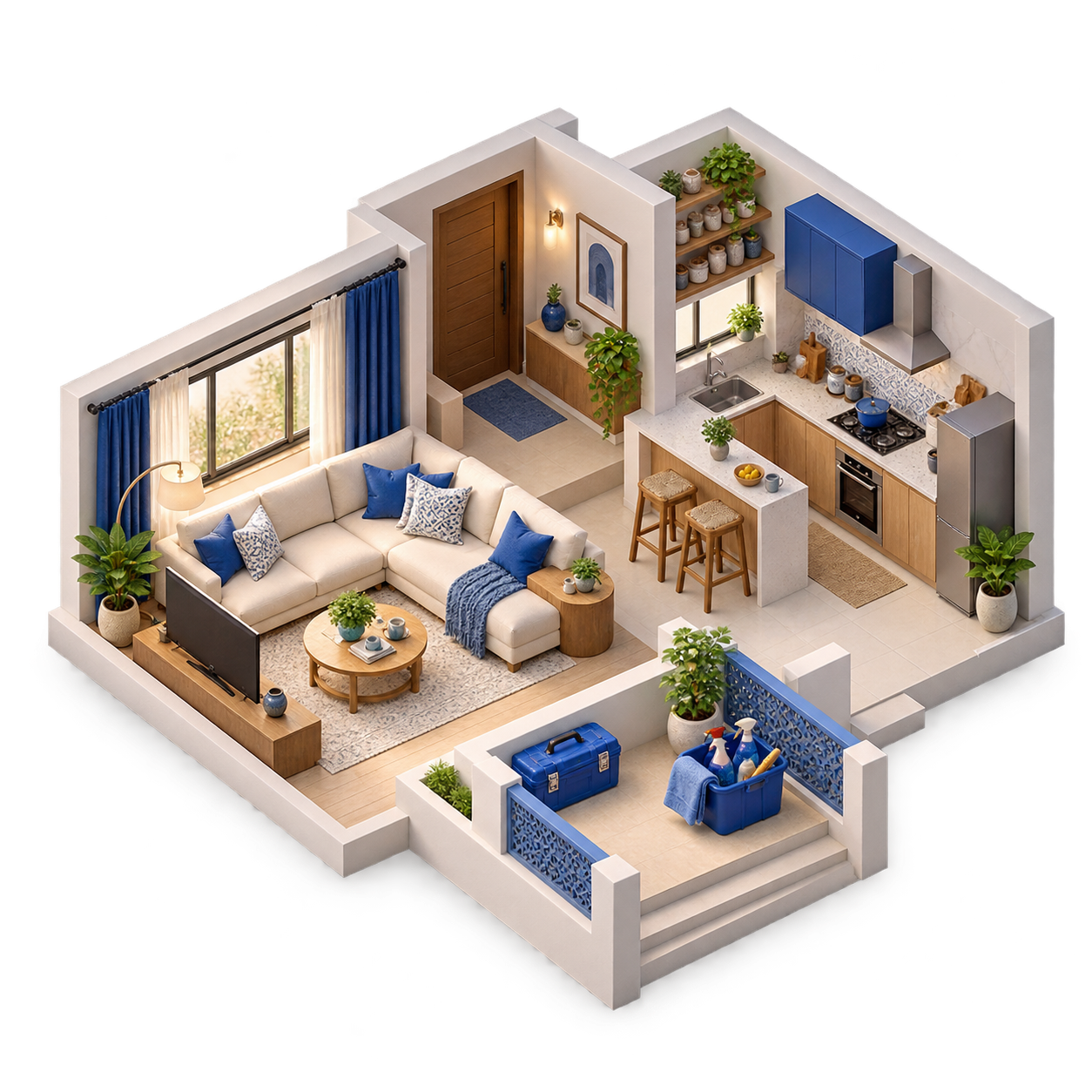 A detailed miniature home with a blue-accented living room, kitchen, toolbox and cleaning supplies