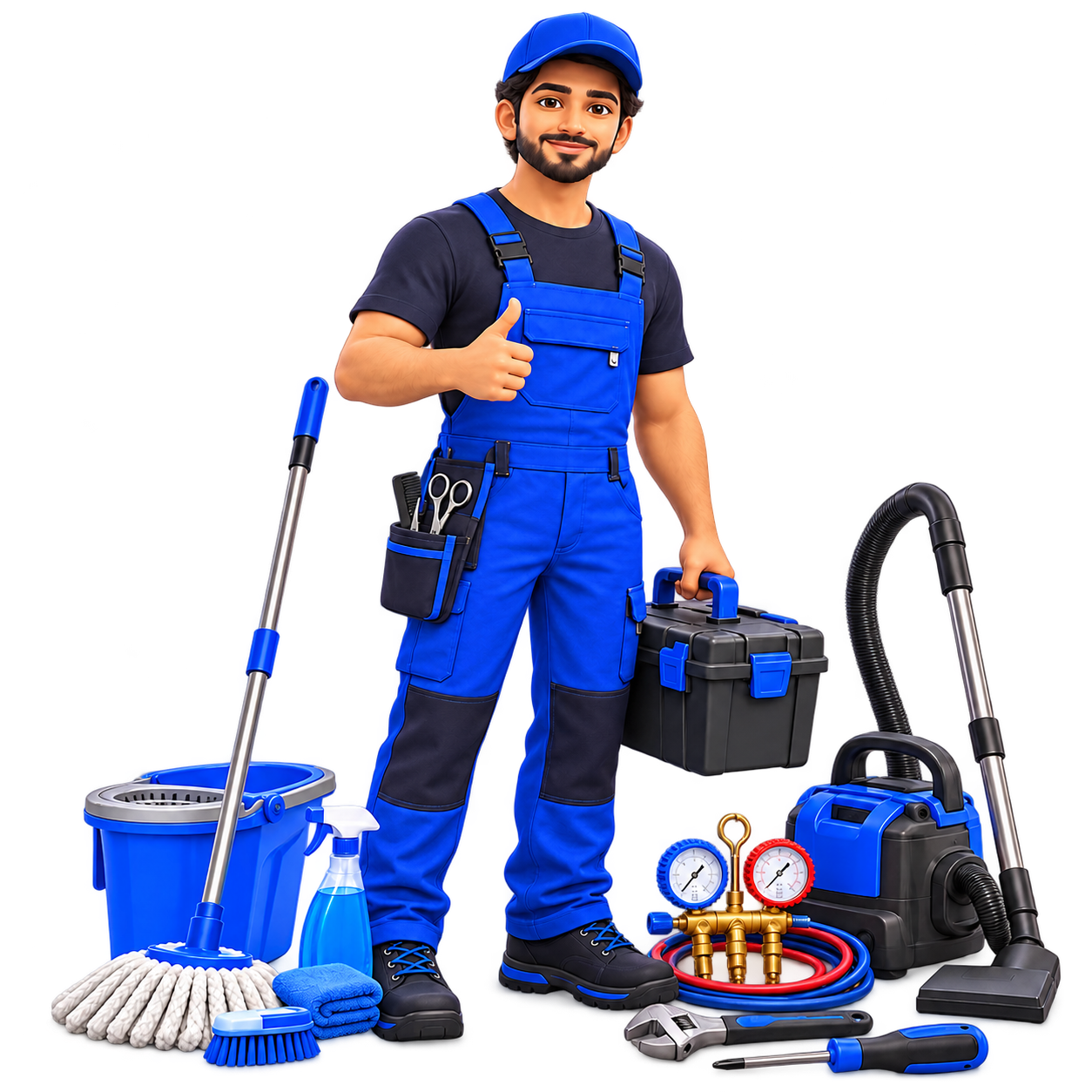 A service professional with a toolbox, cleaning equipment, and repair tools